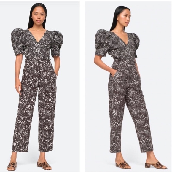 NWT Sea Smocked Calla Cheetah-Print Royal Puff Short Sleeve Jumpsuit size 2 - Picture 1 of 15